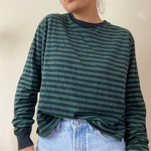 Brandy Melville Striped Boxy Cropped Long Sleeve Tee in Navy/Green
